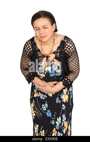 Beautiful woman doing different expressions in different sets of clothes: stomachache Stock Photo
