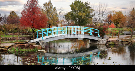 A Pastoral Scene Of A Japanese Foot Bridge Over A Quiet Little Pond On A Rainy Day In Autumn, Southwestern Ohio, USA Stock Photo