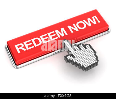 Hand cursor clicking a redeem now button Stock Photo