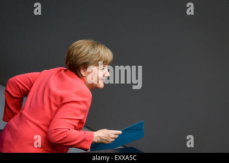 Berlin. 17th July, 2015. German Chancellor Angela Merkel attends a special session of the German lower house of parliament Bundestag in Berlin, Germany on July 17, 2015. German Chancellor Angela Merkel called on the German parliament to grant a mandate to her government to start negotiations on a third bailout program for Greece on Friday, warning that chaos would be caused without a deal. Credit:  Zhang Fan/Xinhua/Alamy Live News Stock Photo