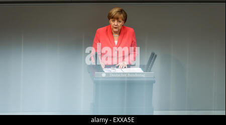 Berlin. 17th July, 2015. German Chancellor Angela Merkel addresses a special session of the German lower house of parliament Bundestag in Berlin, Germany on July 17, 2015. German Chancellor Angela Merkel called on the German parliament to grant a mandate to her government to start negotiations on a third bailout program for Greece on Friday, warning that chaos would be caused without a deal. Credit:  Zhang Fan/Xinhua/Alamy Live News Stock Photo