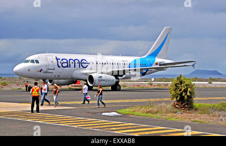 Airbus A320-233 of Tame airlines landed Baltra airport Galapagos Ecuador Stock Photo