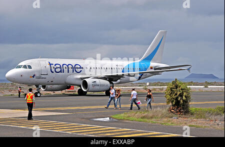 Airbus A320-233 of Tame airlines landed Baltra airport Galapagos Ecuador Stock Photo