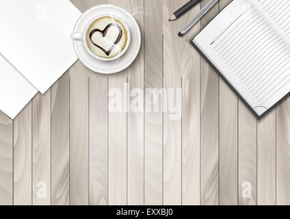 Cup of Coffee With Shape Heart And Notebook On A Wooden Desk. Stock Vector
