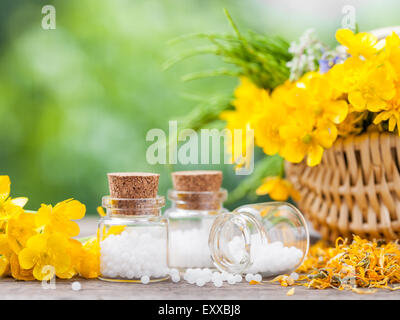 Bottles of homeopathy globules and healthy herbs in basket. Stock Photo