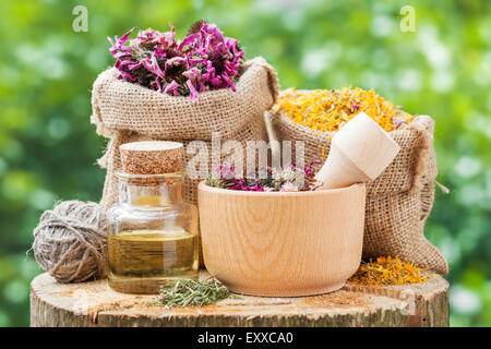 Healing herbs in hessian bags, wooden mortar with coneflowers and essential oil on wooden stump outdoors, herbal medicine. Stock Photo