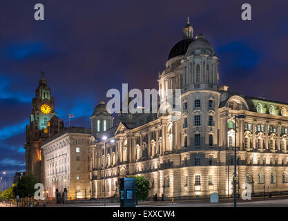 Night view of the Port of Liverpool Building or The Dock Office at the docks, Liverpool, England, UK Stock Photo