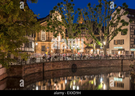 La Petite France old town district waterfront, Strasbourg, France, Europe - at night Stock Photo
