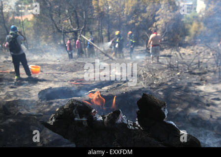 Athens, Greece. 17th July, 2015. Greek firemen and local residents try to extinguish flames burning on the mountain of Ymittos in Athens, Greece, July 17, 2015. One person has died as Greek firemen battled the first major wildfires of this summer on Friday in Athens suburbs, the southern Peloponnese peninsula, and central Greece, according to the Fire Brigade. Credit:  Marios Lolos/Xinhua/Alamy Live News Stock Photo