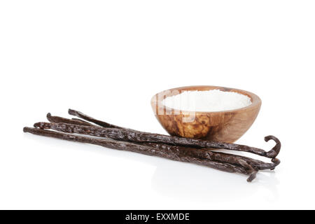 fresh bourbon vanilla pods and sugar, isolated on white Stock Photo