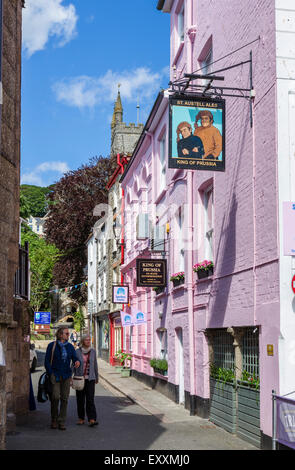 The King of Prussia Hotel and view down Market Street in the town centre, Fowey, Cornwall, England, UK Stock Photo