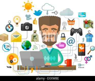 A man with a beard behind the laptop on the Internet. Vector illustration Stock Vector