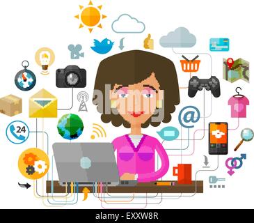 The young woman at the computer on the Internet. laptop, pc or network, web icons Stock Vector