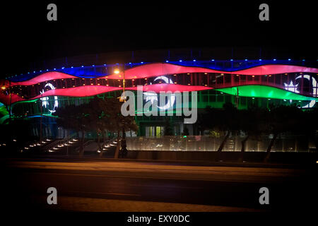 View of the new National Gymnastics Arena decorated with the colours of the Azeri flag built for the Baku 2015 European Games in the city of Baku in Azerbaijan Stock Photo