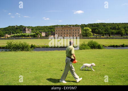 A man walks a dog through the parkland surrounding Chatsworth House (pictured) in the Peak District, Derbyshre, UK - summer