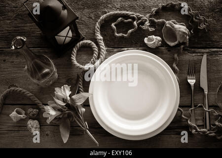 Table setting in retro style, top view. Black and white stylized. Stock Photo