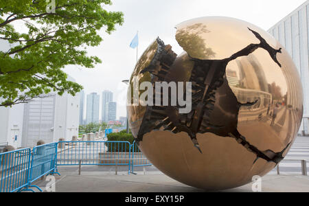 NEW YORK - May 27, 2015: Sphere Within Sphere (Sfera con sfera) is a bronze sculpture by Italian sculptor Arnaldo Pomodoro. Stock Photo