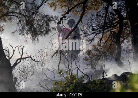 Athens, Greece. 17th July, 2015. Volunteers try to put out the fire. Large fire burst in mountain Hymettus and spread fast because of strong winds. The fire burned houses and stores and left at least one dead due to respiratory problems. Credit:  Kostas Pikoulas/Pacific Press/Alamy Live News Stock Photo