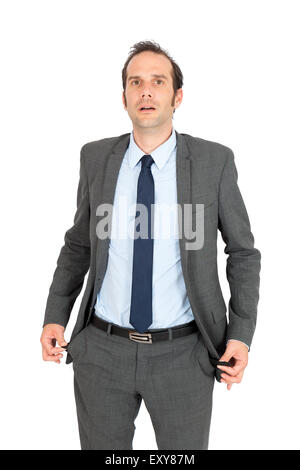 Handsome businessman doing different expressions in different sets of clothes: empty pockets Stock Photo