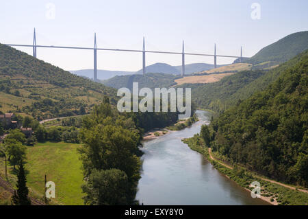 Millau viaduct and the river Tarn seen from the village of Peyre, Aveyron,  Midi-Pyrénées, France , Europe Stock Photo