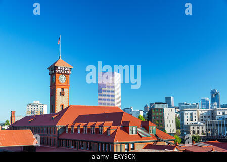 View of the downtown of Portland, Oregon with Union Station in the foreground Stock Photo