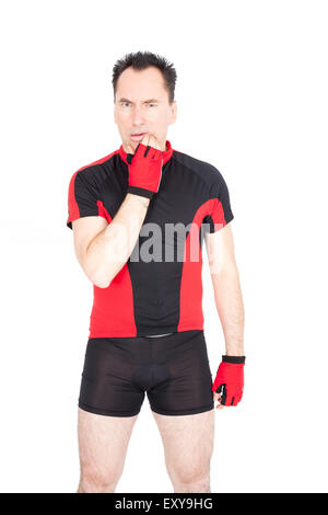 Handsome biker doing different expressions in different sets of clothes: toothache Stock Photo