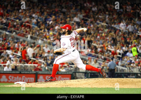 Washington DC, USA. 17th July, 2015. Los Angeles Dodgers vs Washington Nationals at Nationals Park in Washington DC. Washington Nationals relief pitcher Tanner Roark (57) in for relief after first game delay. Game was suspended after 5 innings of play. Nationals led 3-2. Credit:  Cal Sport Media/Alamy Live News Stock Photo