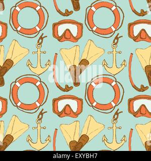 Sketch vacation symbols in vintage style, vector seamless pattern Stock Vector