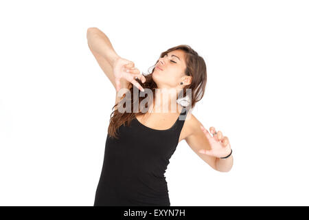 Beautiful woman doing different expressions in different sets of clothes: waking up Stock Photo