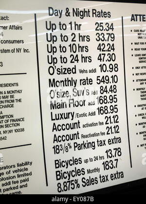 Parking Garage Rates Sign in NYC,  2015 Stock Photo