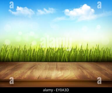 Wooden deck in front of green grass and blue sky background. Stock Vector