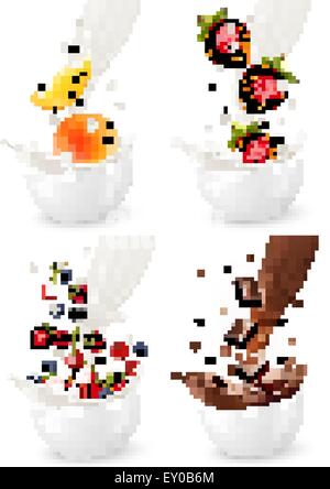 Chocolate and colorful fresh fruits  falling into the milky splash. Vector illustration Stock Vector