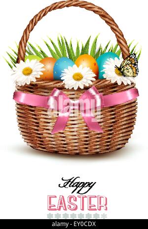Holiday background with basket full of Easter eggs. Vector. Stock Vector