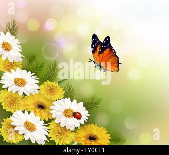 Spring flowers and butterfly blue background vector Stock Vector Image ...