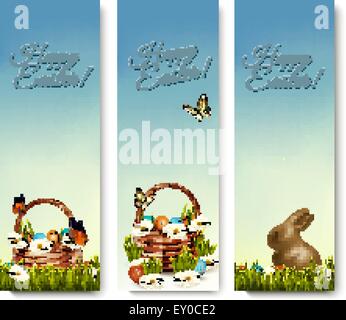 Three banners with Easter backgrounds. Eggs in baskets and a chocolate Easter bunny. Vector. Stock Vector