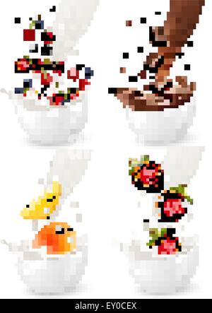 Colorful fresh fruits and chocolate falling into the milky splash. Vector illustration Stock Vector
