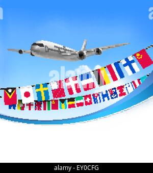 Airplane travel background with flags of different countries Stock Vector