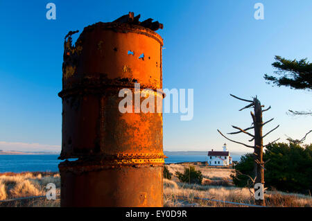 Fort ruin to Point Wilson Lighthouse, Fort Worden State Park, Washington Stock Photo