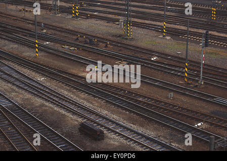Aerial Top View of Intersecting Rails at Train Railway Station Stock Photo