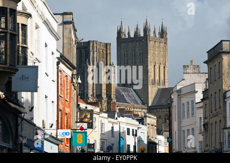 Looking along the High Street towards the Cathedral in Wells, Somerset, England, UK Stock Photo