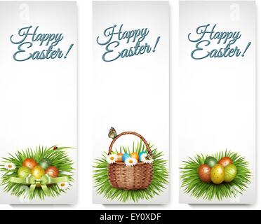 Three Happy Easter banners with easter eggs in a basket and grren grass. Vector. Stock Vector
