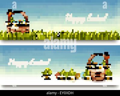 Two Happy Easter banners with easter eggs in a basket. Vector. Stock Vector