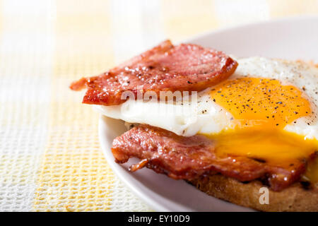 Toast with fried eggs and bacon on a white plate