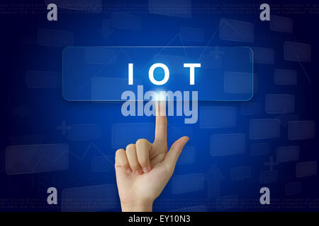 hand press on IOT or internet of things button on virtual screen Stock Photo