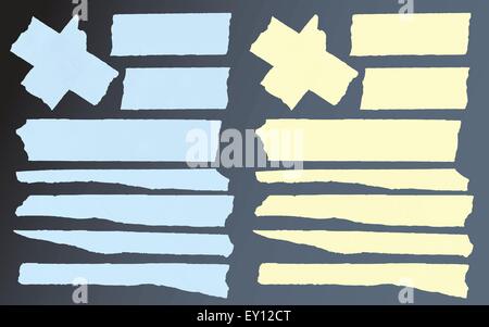 Set of horizontal and different size sticky tape,adhesive pieces on black background Stock Vector