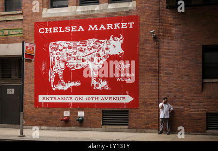 Sign for Chelsea Market covered urban food court, shopping mall,  New York City, Manhattan, USA. Stock Photo