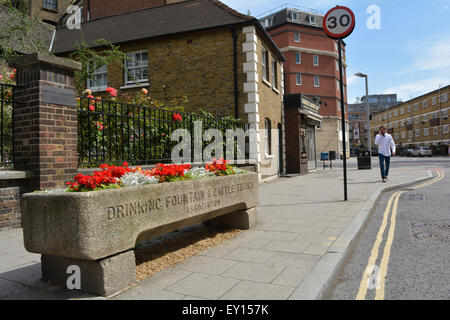 Red Geraniums growing in a London drinking fountain and cattle trough Stock Photo