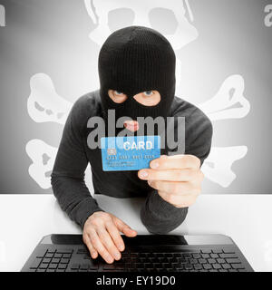 Hacker in black mask with USA state flag - Jolly Roger Stock Photo