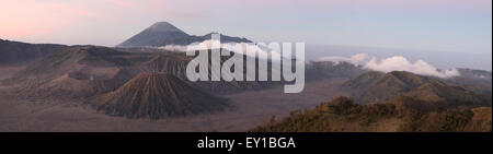 Sunrise over Mount Bromo (2,329 m) and the Tengger Caldera in East Java, Indonesia. Panorama from Mount Penanjakan (2,770 m). Mo