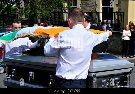 The Irish national flag placed on coffin at the funeral of Peggy O’Hara, a prominent Irish Republican. Stock Photo